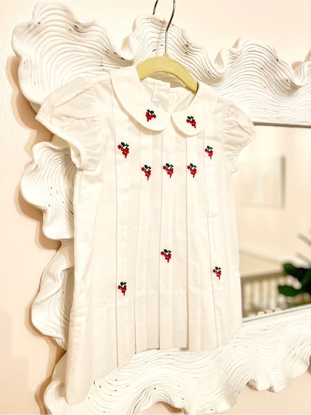 Little English White Girls' Embroidered Christmas Berry Cotton Pleated Dress